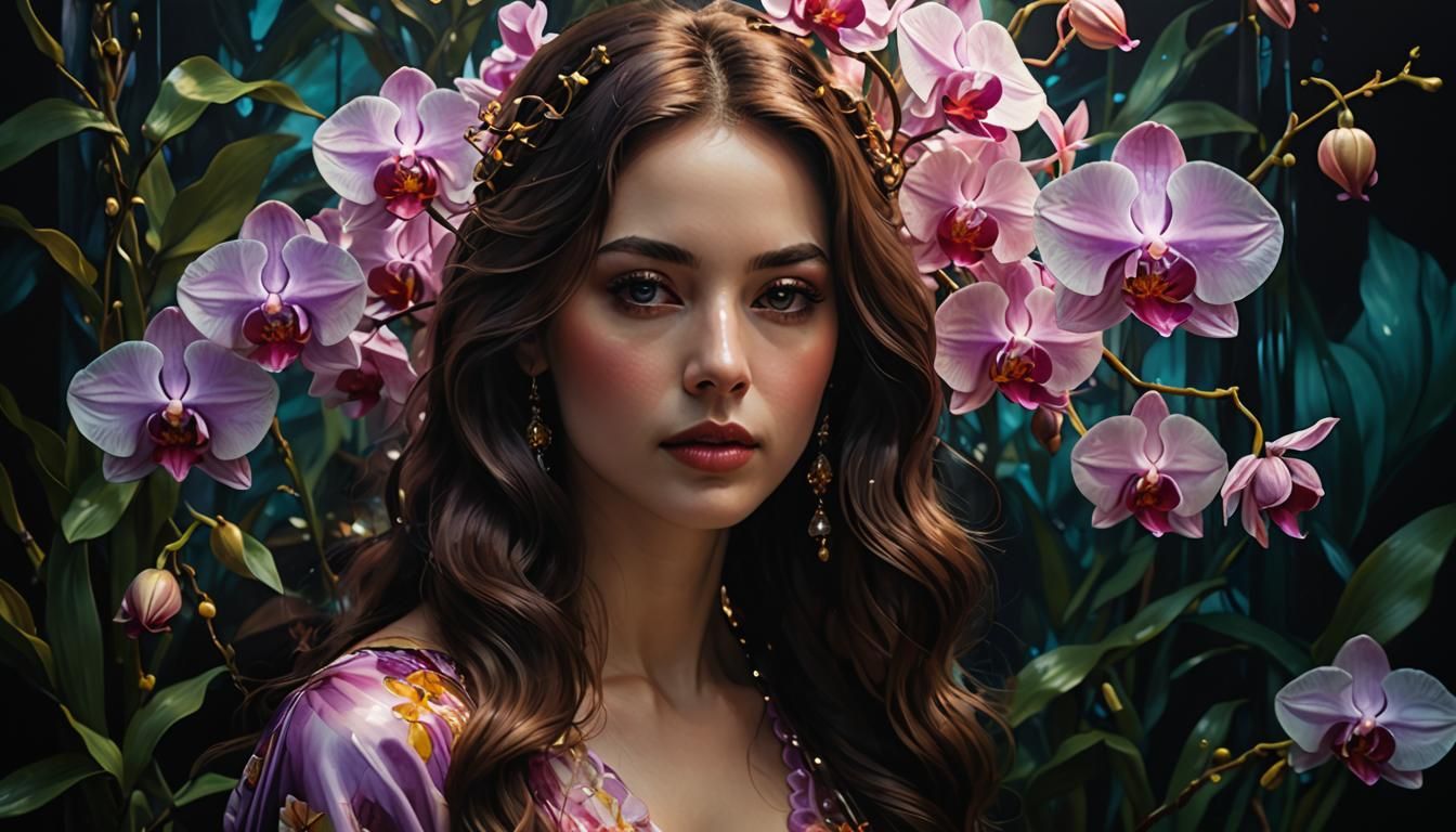 Orchid Lady Portrait in Tonalism Style