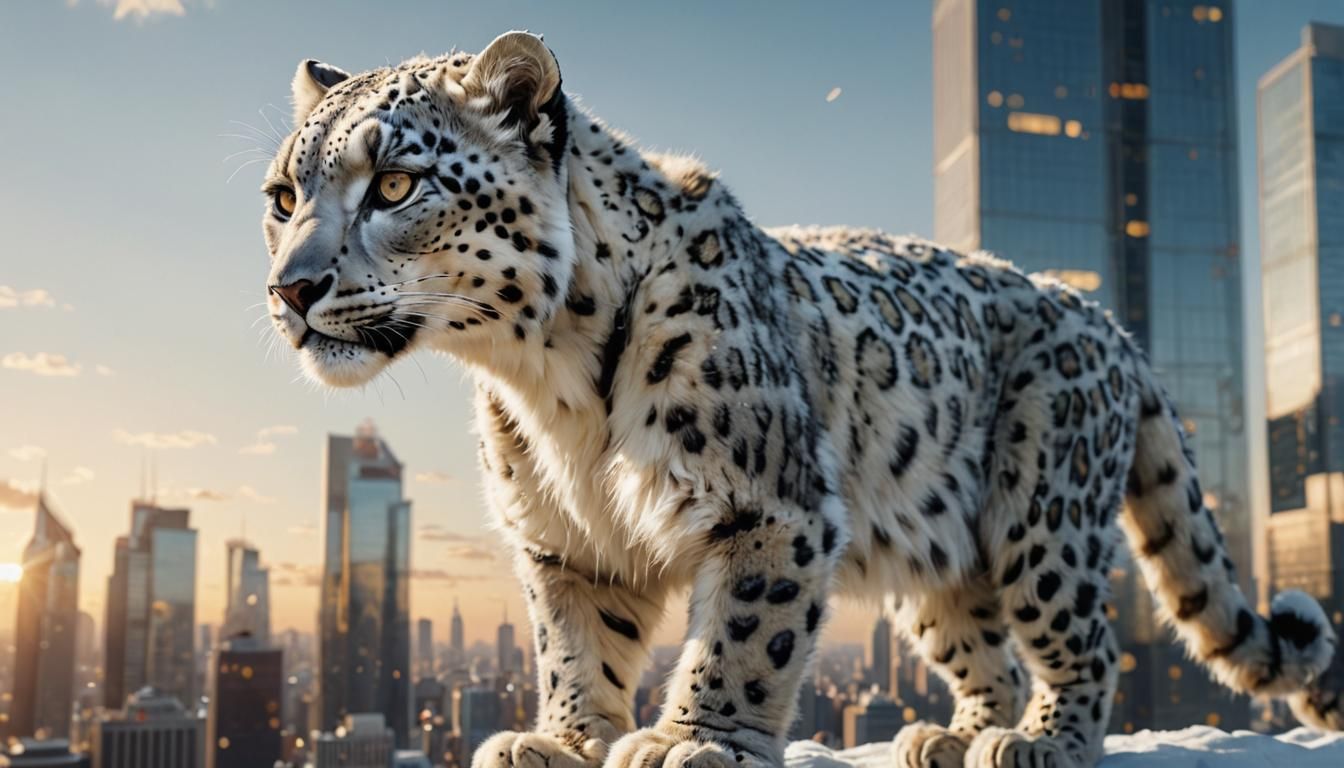 Robotic-Eyed Snow Leopard on Skyscraper: Photorealistic Digi...