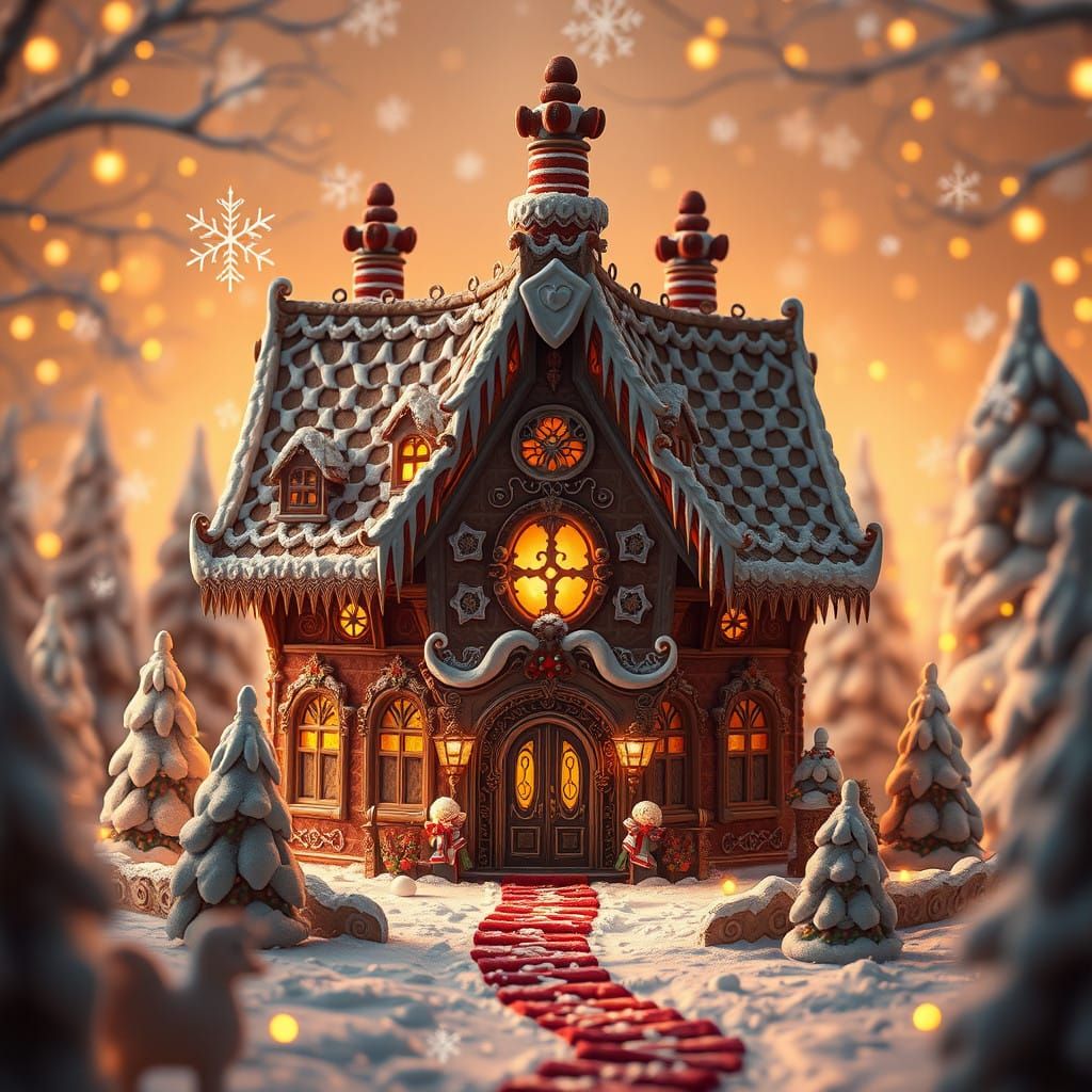 Surreal Gingerbread Castle in a Winter Wonderland Scene