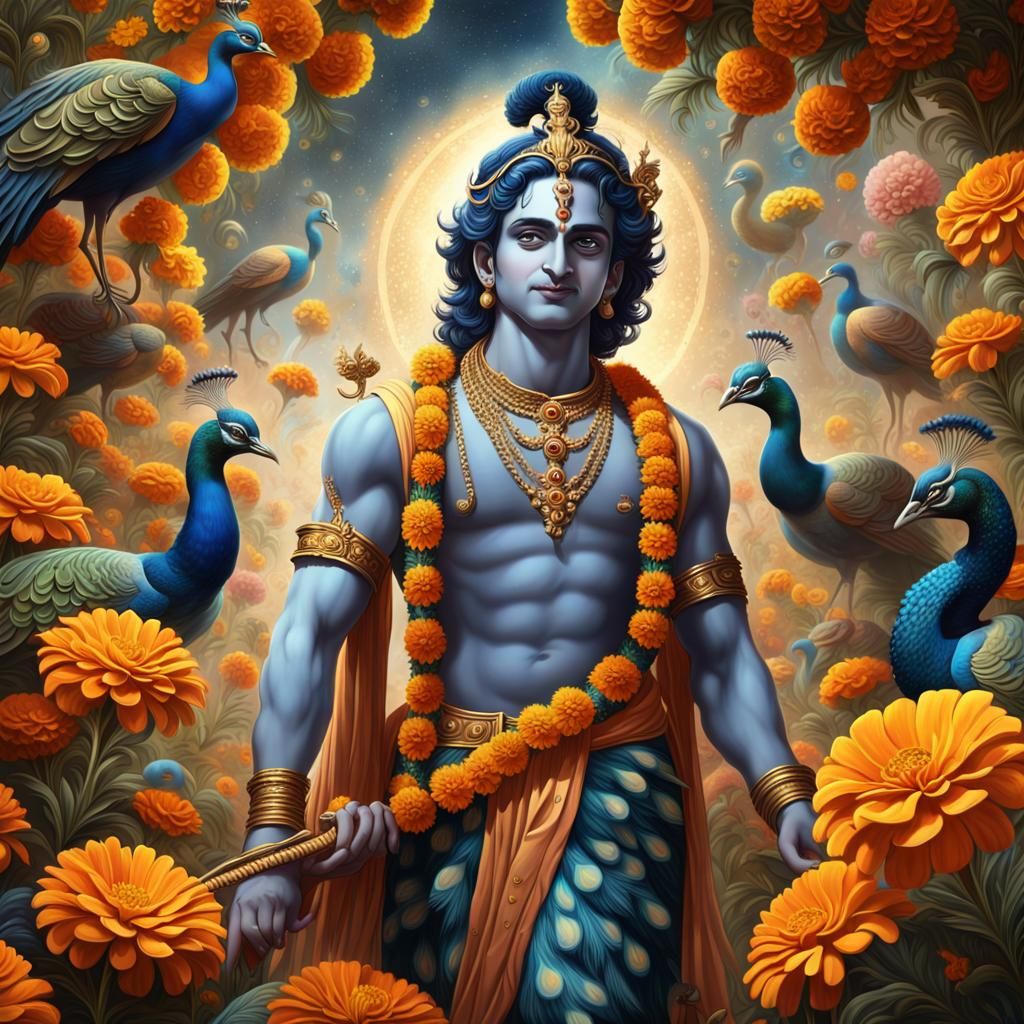 Lord Krishna Painting with Marigolds and Peacocks