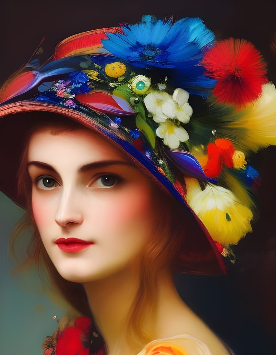 Colorful Floral Hat Portrait in Waterhouse Style