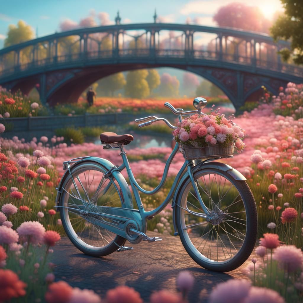 Glass Bicycle in Flower Fields: Detailed Matte Painting