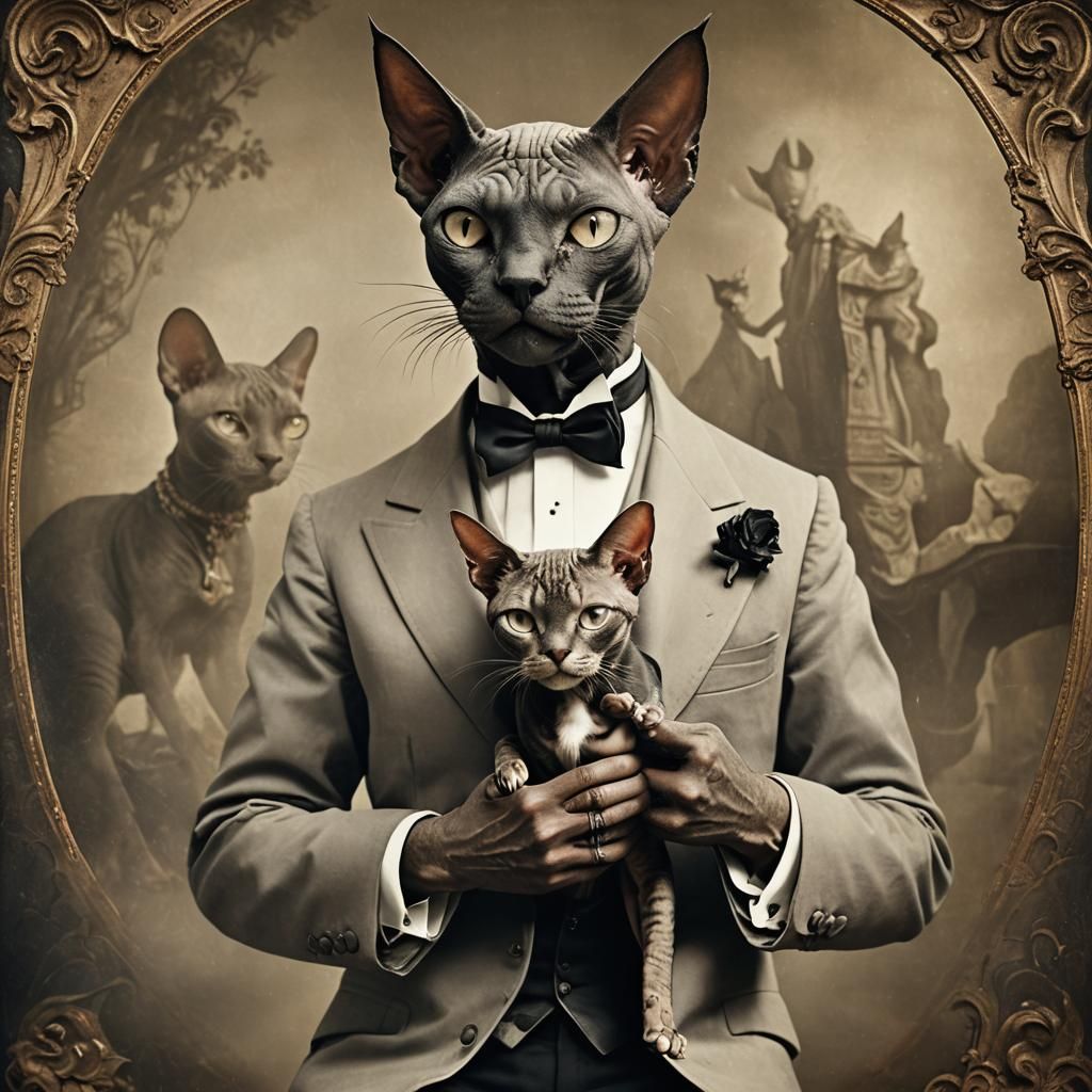 Vintage Photograph of a Demon Petting Tuxedo Cat