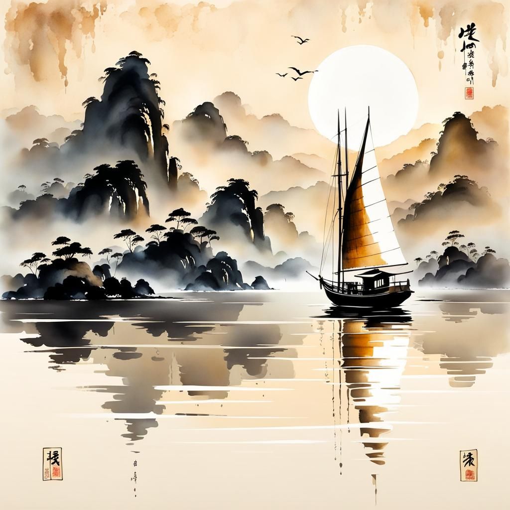 Traditional Sailboat in Chinese Ink Painting Style