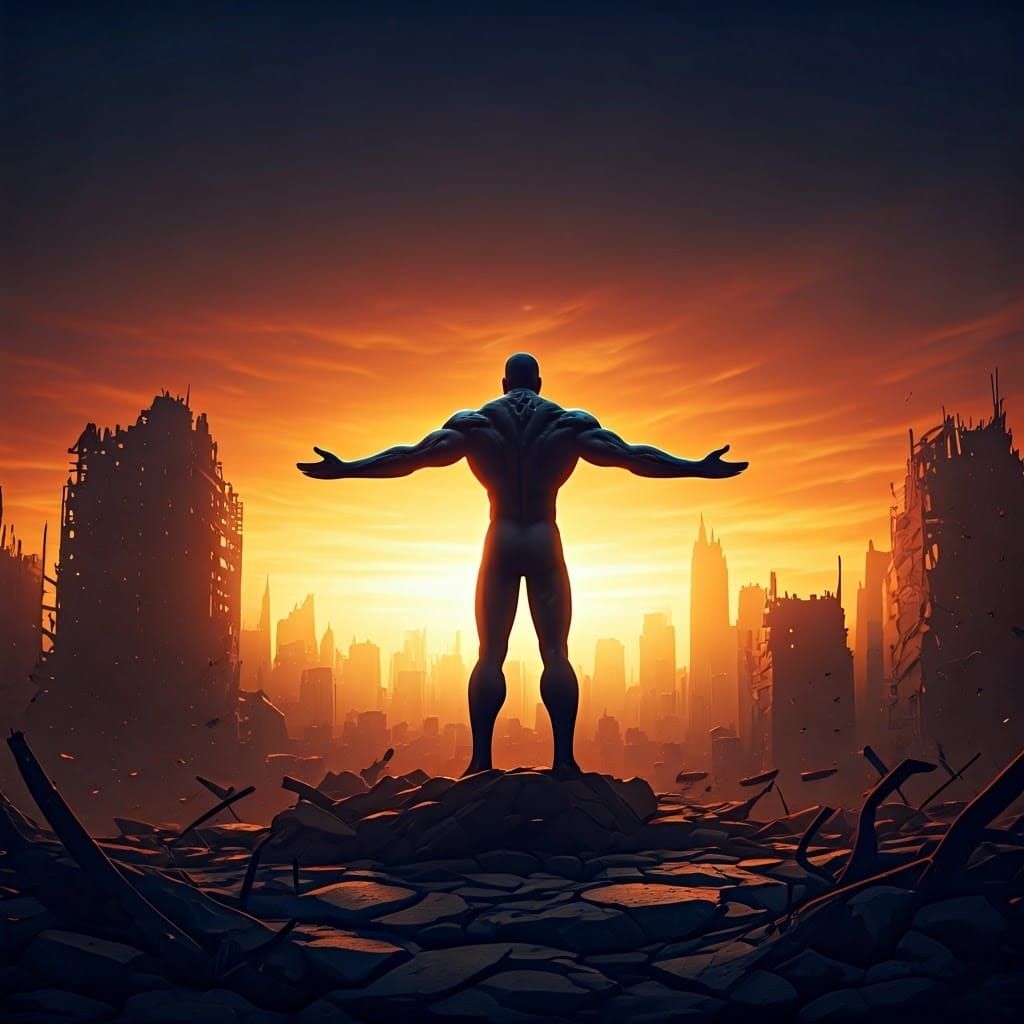 Heroic Figure Amidst Post-Apocalyptic Cityscape