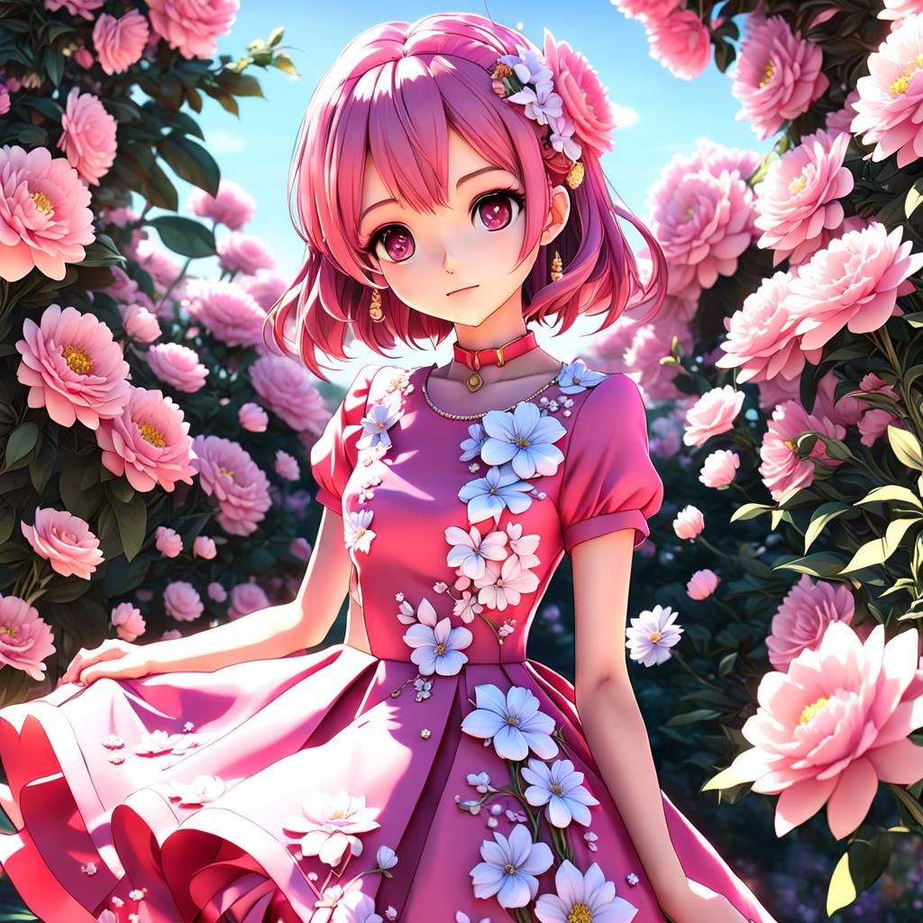 Anime Girl in Pink Dress with 3D Flowers