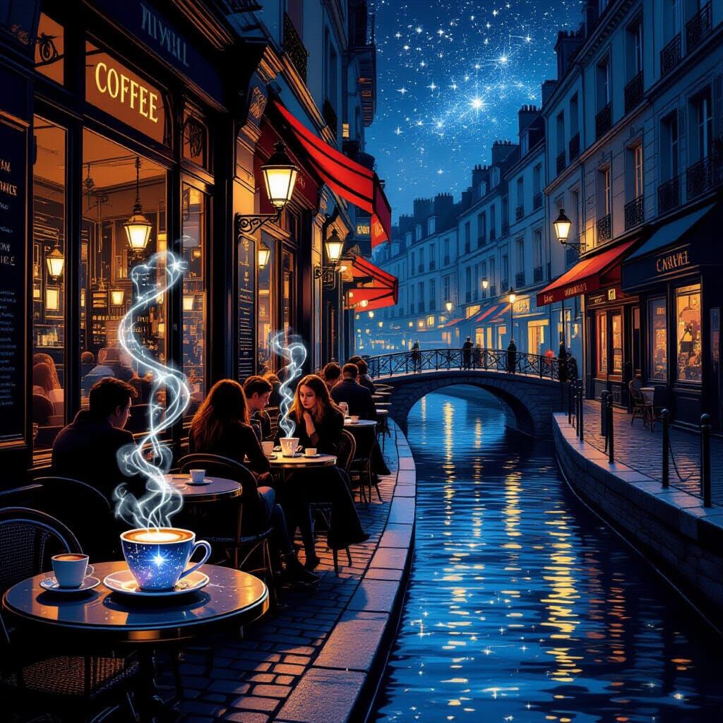 Midnight Parisian Cafe With Starlight River Street