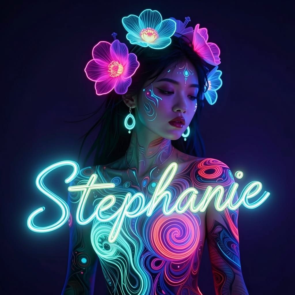 Neon Flowerpunk Goddess with Glowing Tattoos