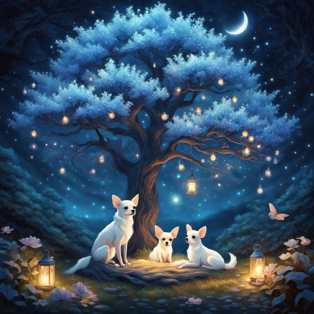 Magical Blue Tree With Chihuahuas Under Starlit Sky