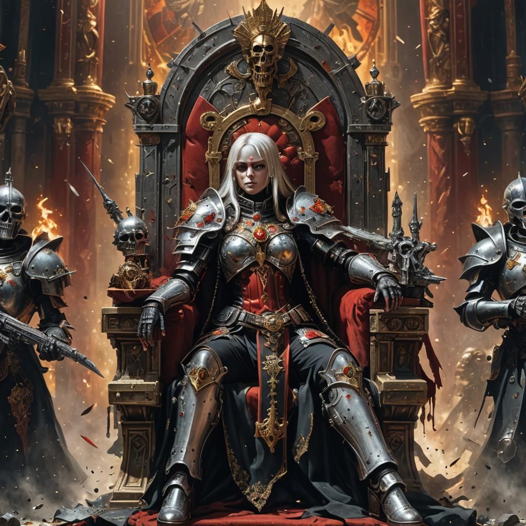 Adepta Sororitas on Throne in Hyperrealistic Style