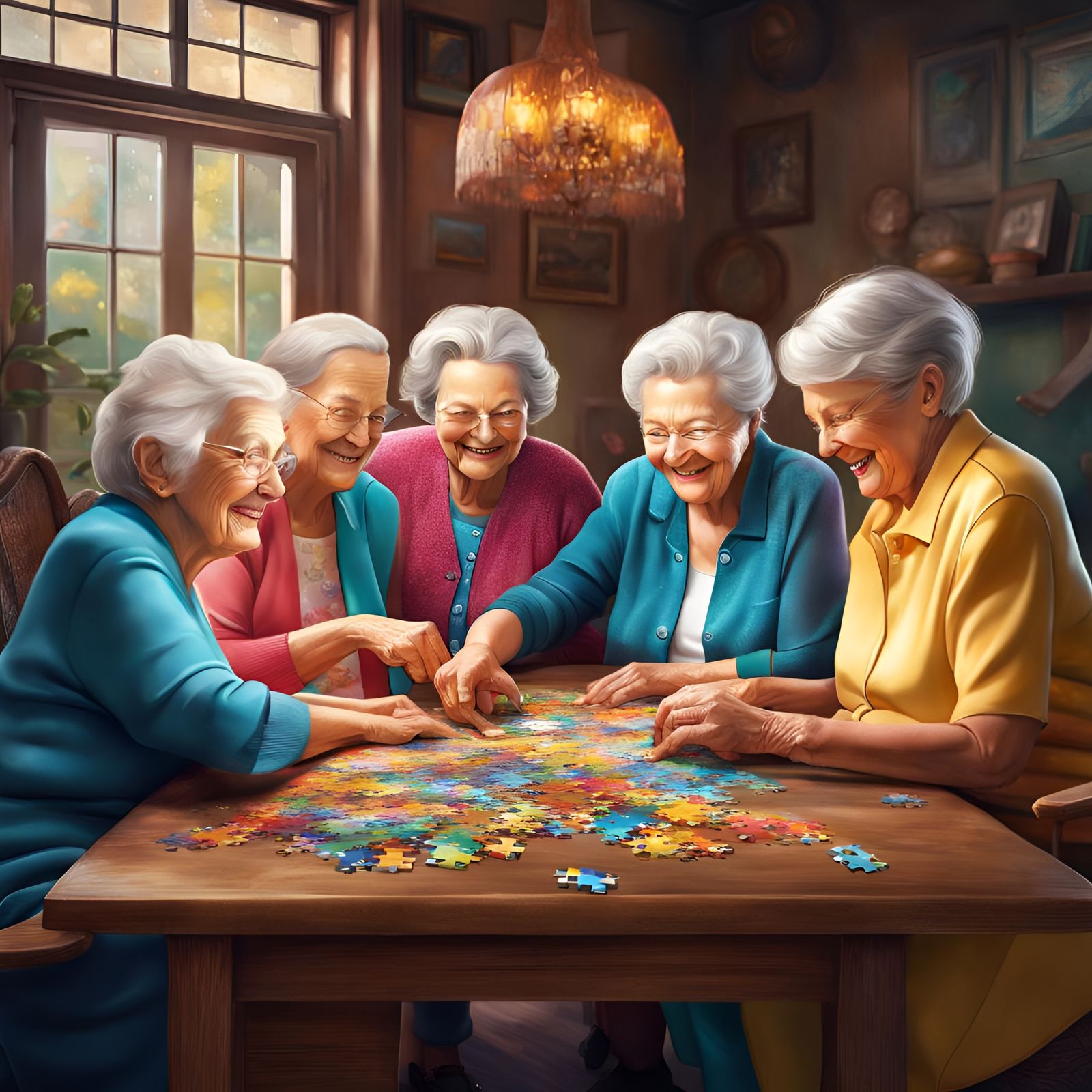 A group of happy older women sitting around a wooden table s...