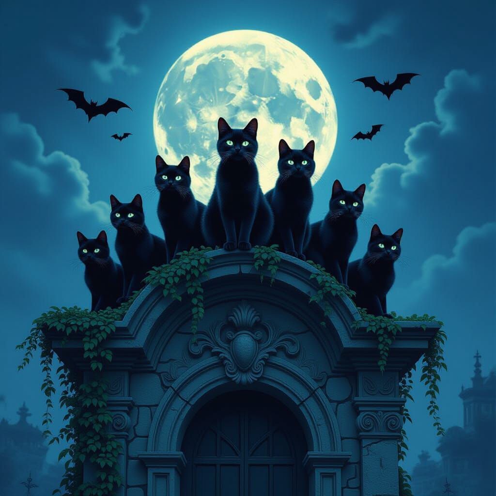 Gothic Mausoleum Scene with Cats Under Full Moon