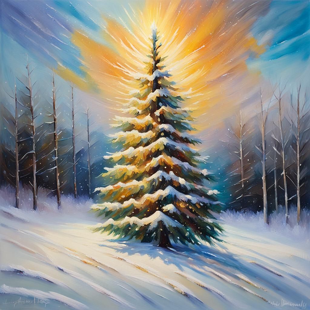 Majestic Christmas Tree in Winter Landscape: Oil Painting