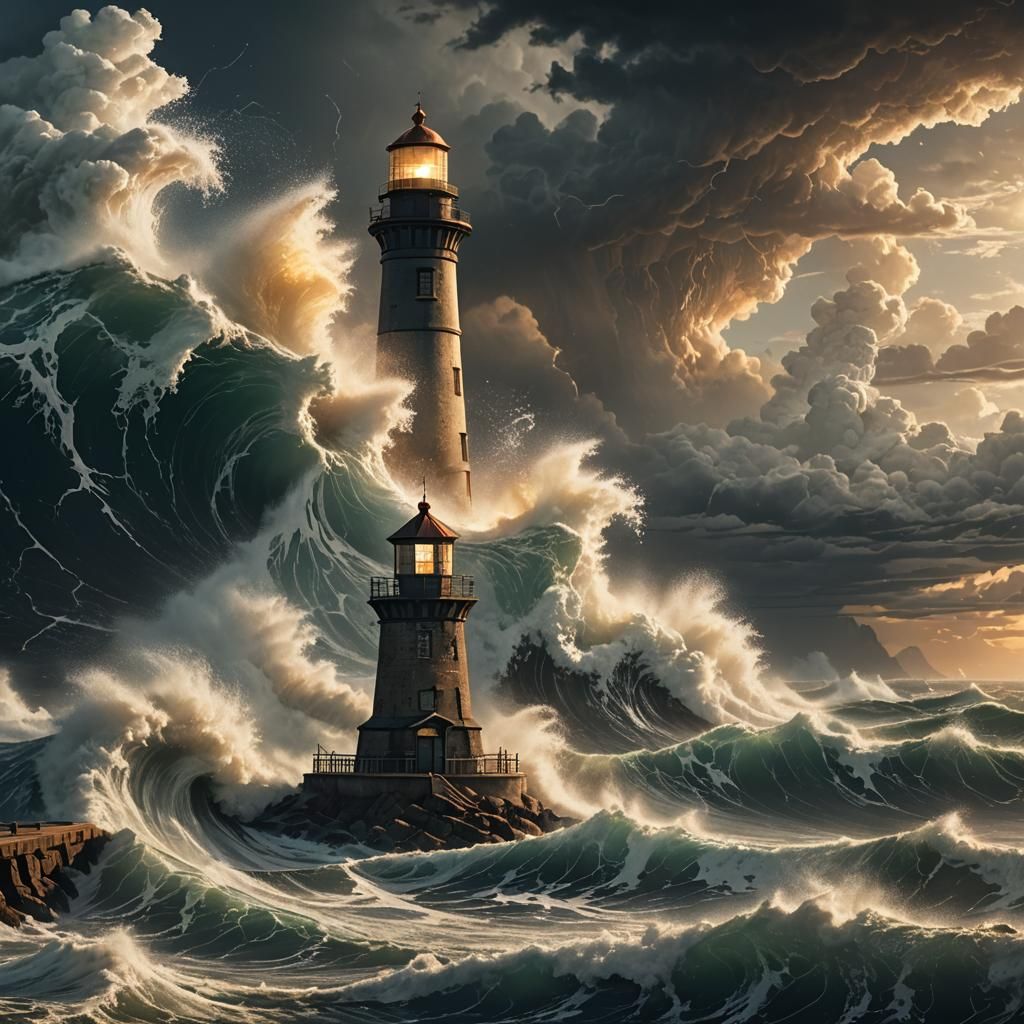 Tsunami Crashing Lighthouse: Epic Cinematic Seascape