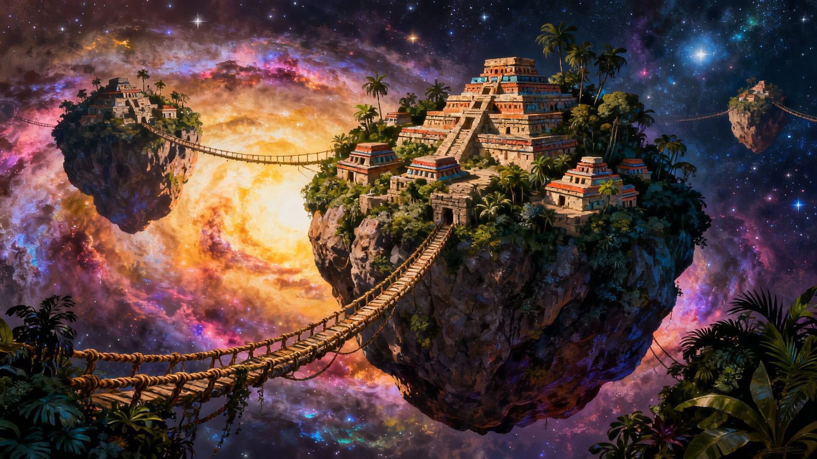 Floating Aztec Villages Among Stars