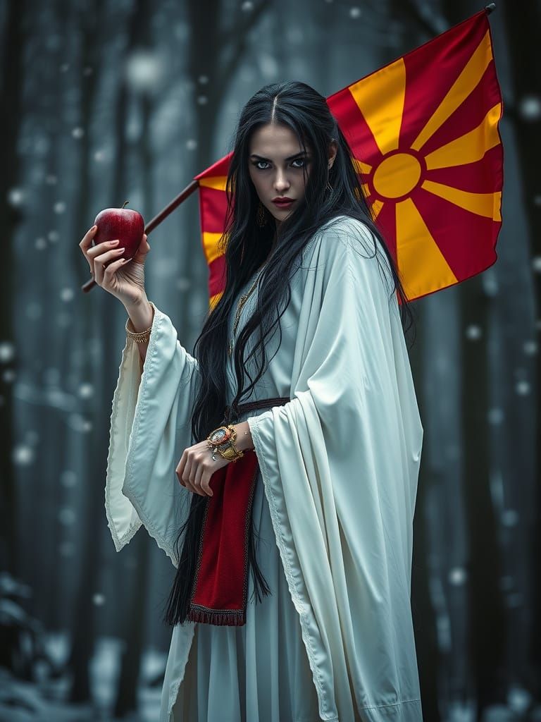 Evil Warrior Woman Offers Apple, Waves Macedonian Flag