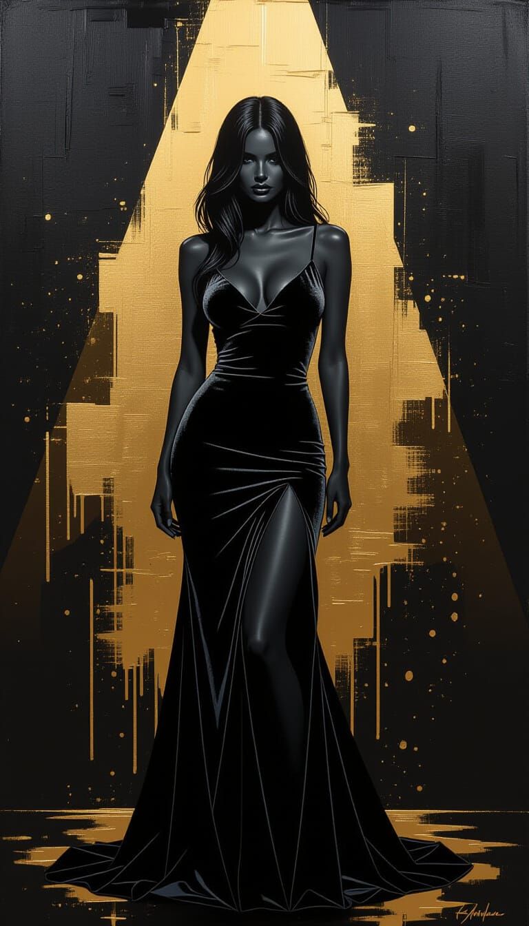 Easel Painting of Black Velvet Woman with Gold Highlights
