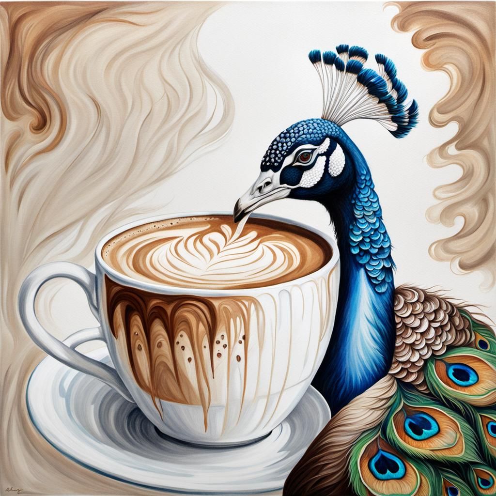 Latte Art Swan and Peacock in Pencil Sketch Style