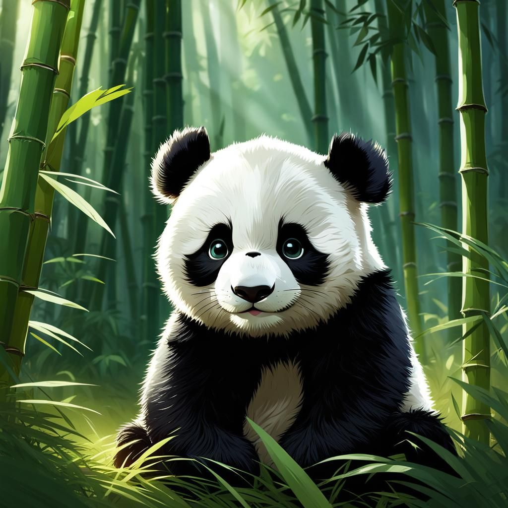 Adorable Panda Cub in Bamboo Grove: Digital Painting