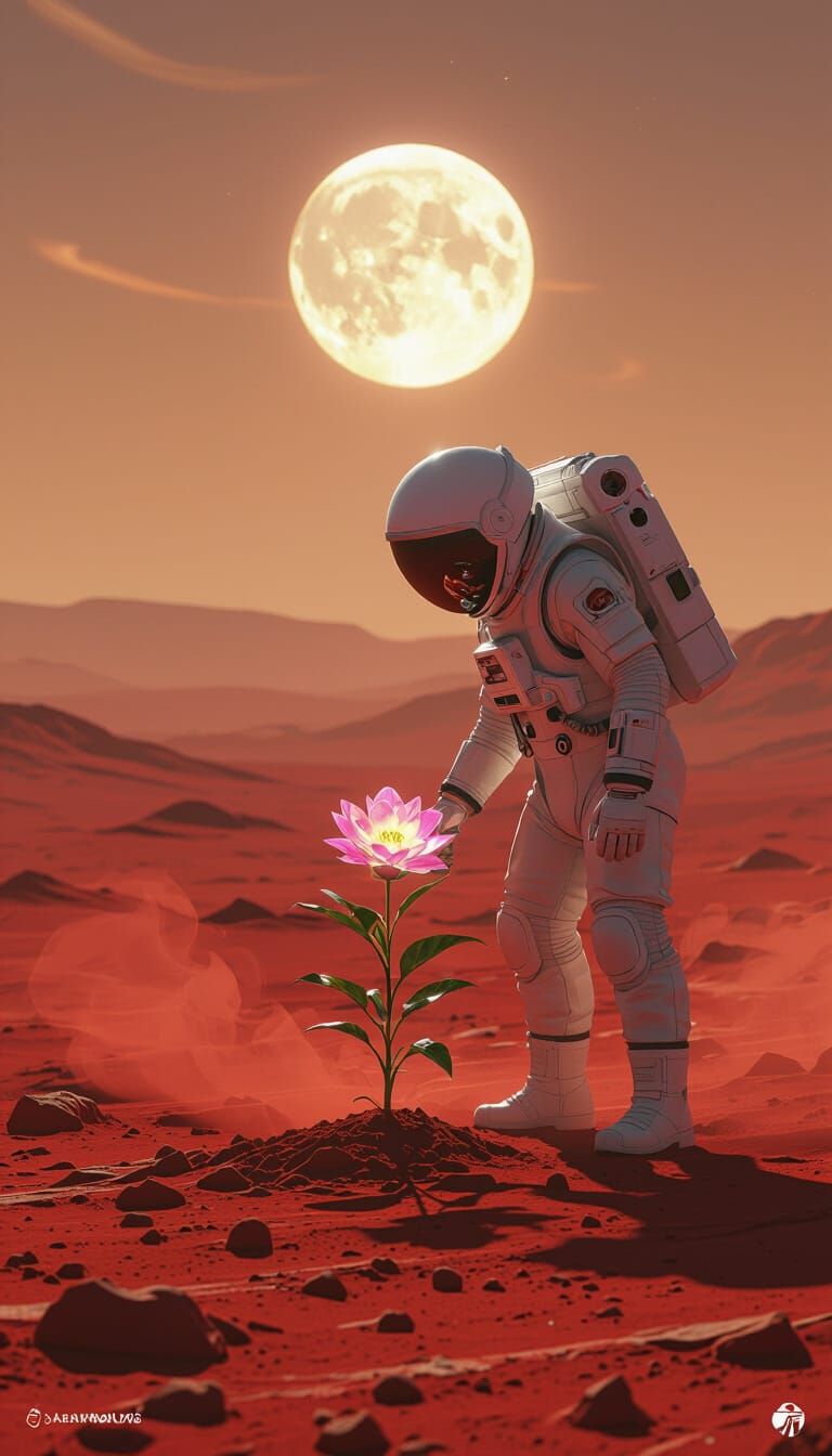 Astronaut Plants Bioluminescent Flower on Mars