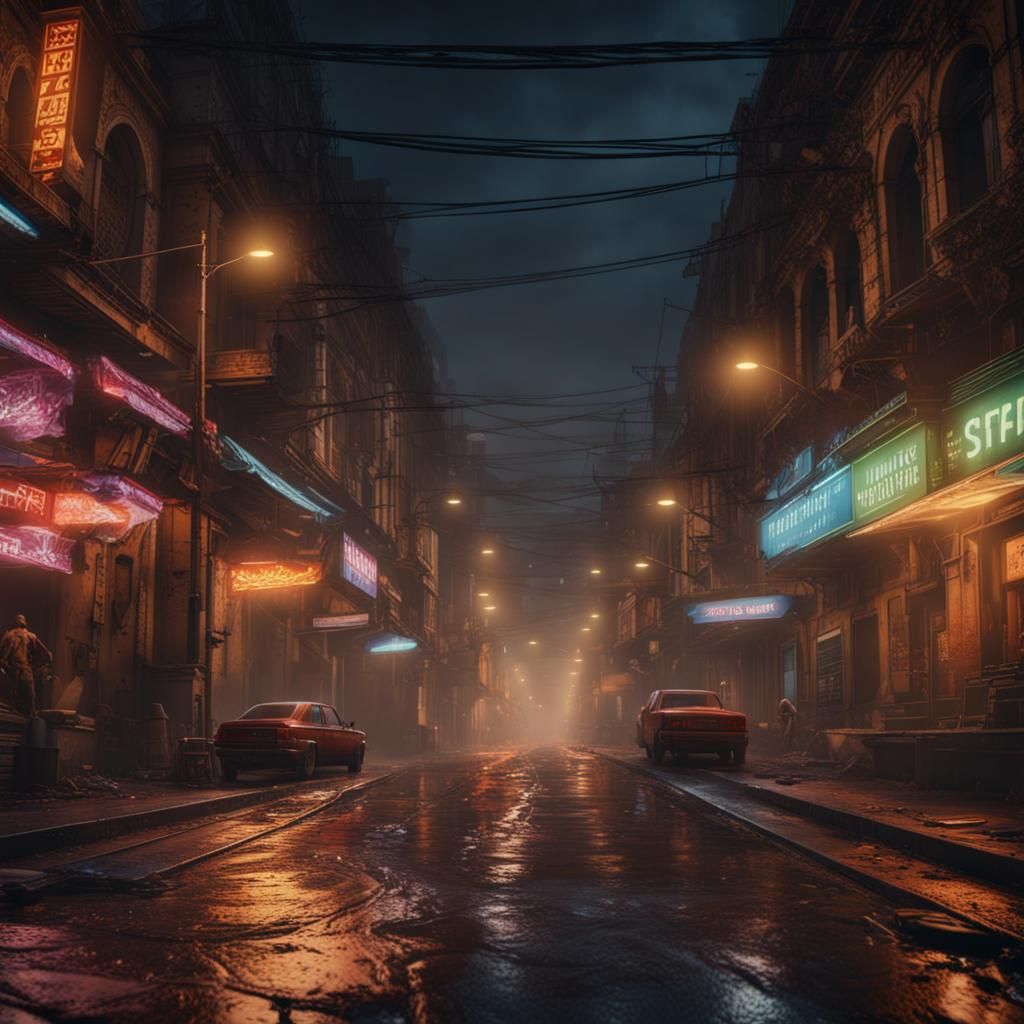 Dramatic Night Street Scene in 8K Resolution