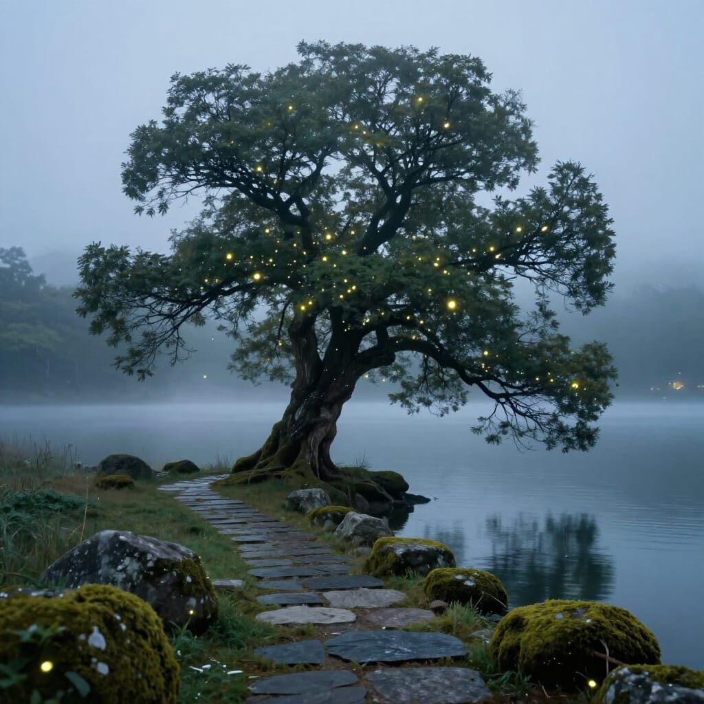 Ancient Tree by Misty Lake with Dancing Fireflies