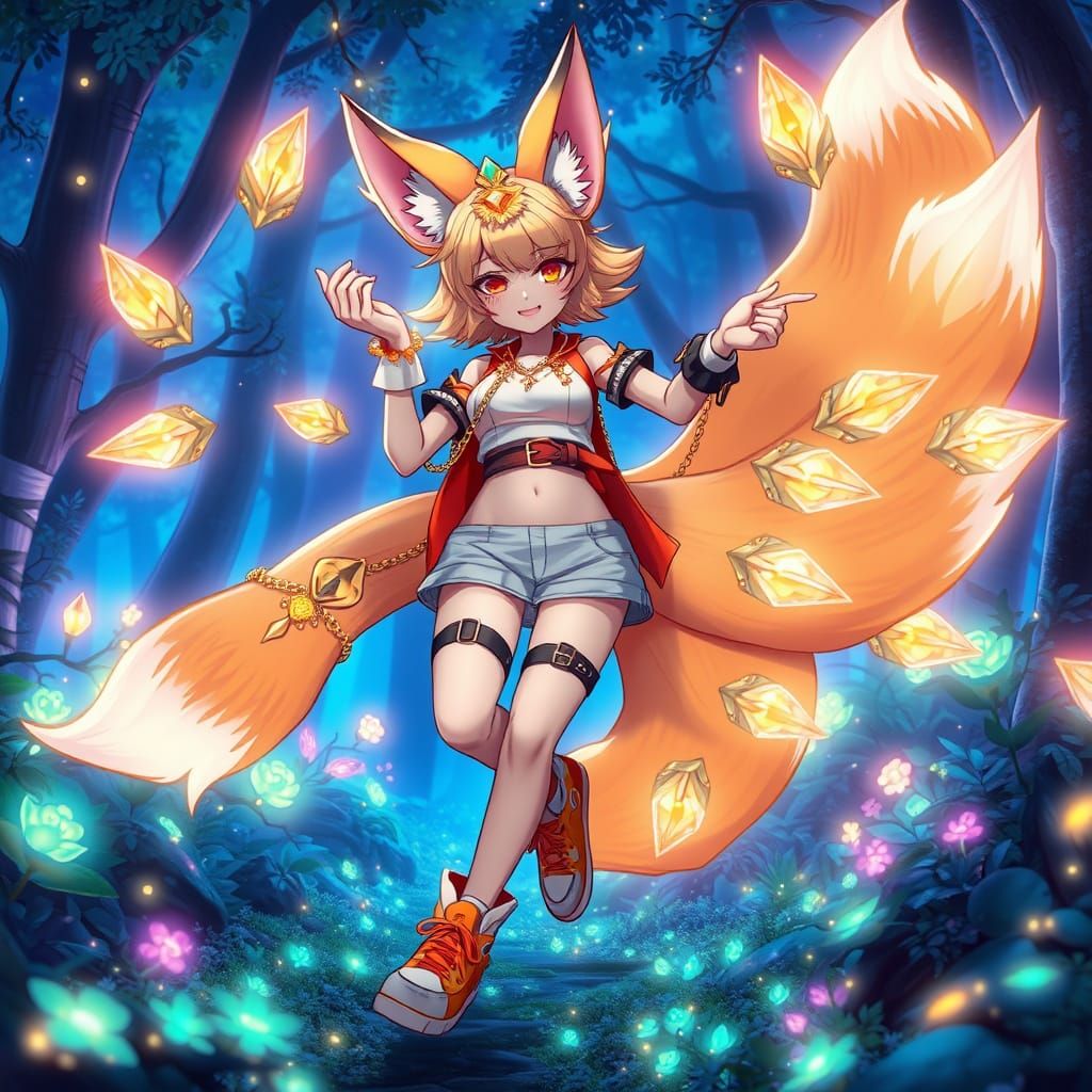 Vibrant Anime Fox Girl Dances in Bioluminescent Forest with ...