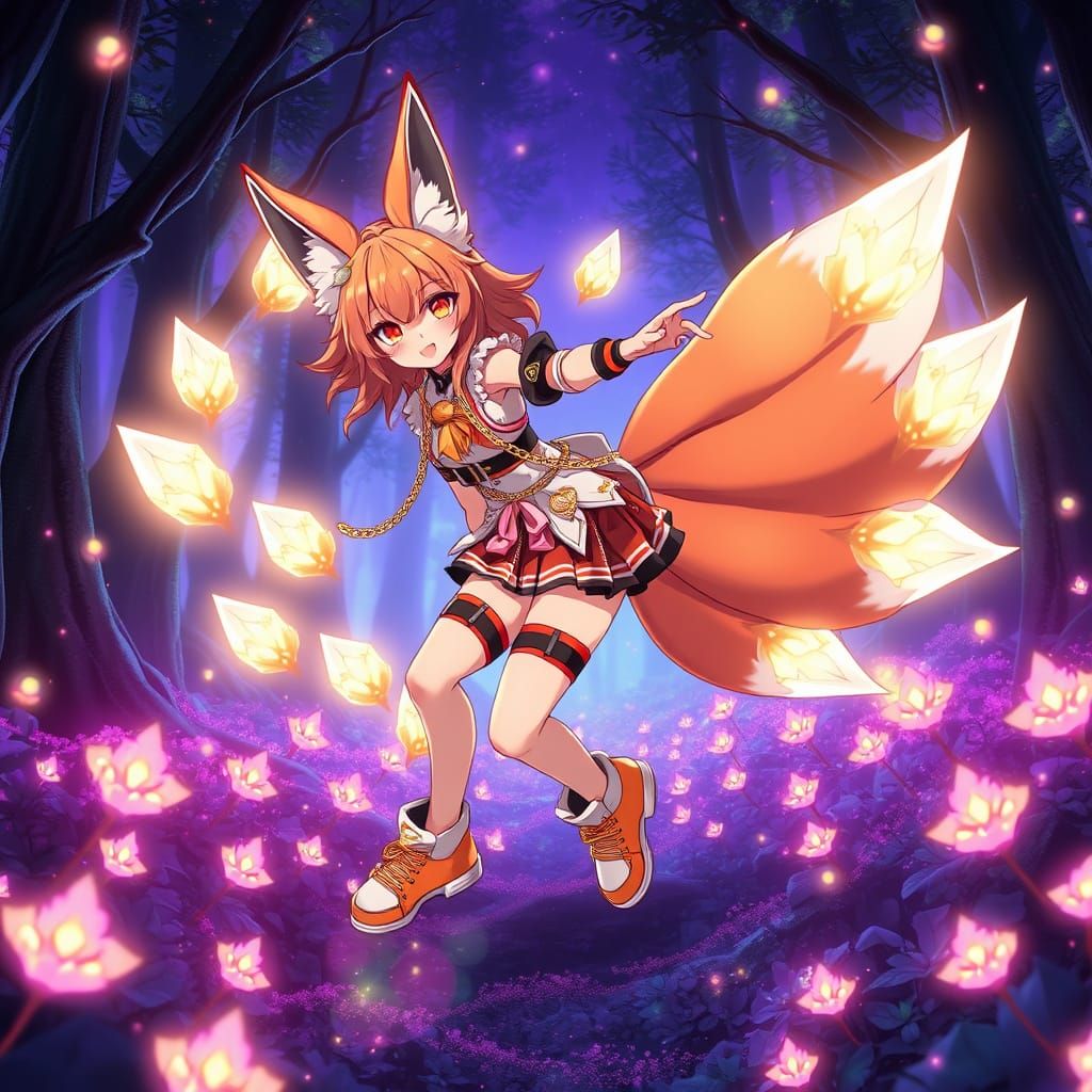 Anime Fox Girl Dances in Bioluminescent Forest