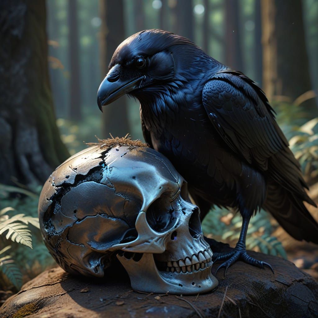 Raven on Skull: Photorealistic Digital Art