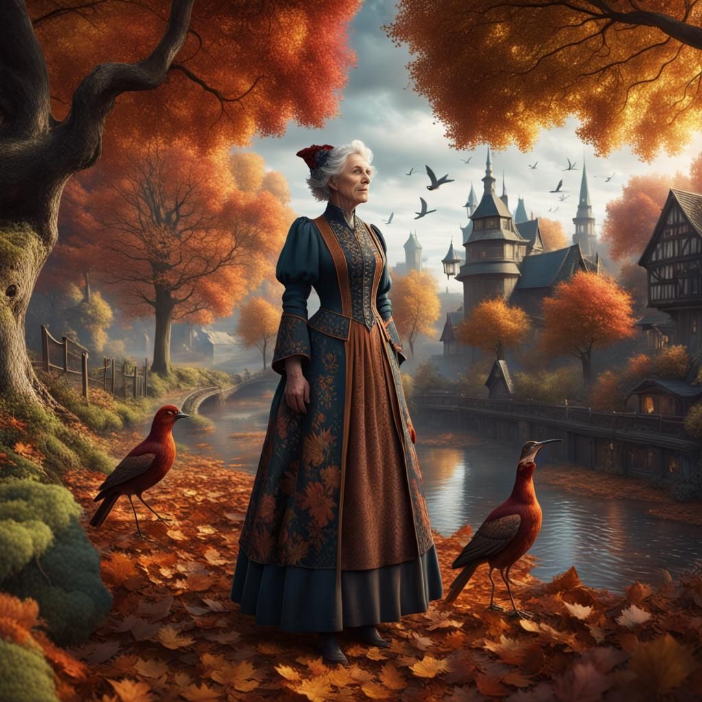 Autumn Scene: Old Woman Feeding Birds