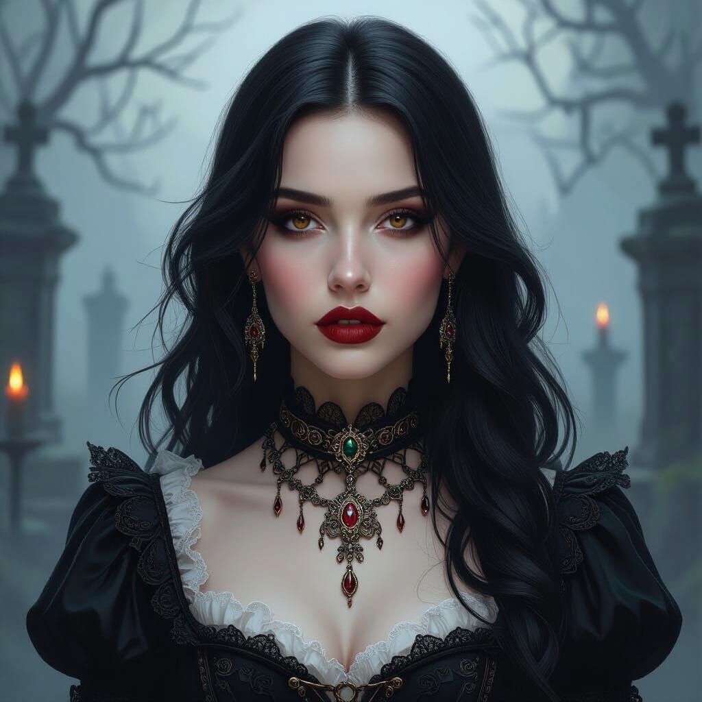Gothic Woman with Ornate Necklace in Eerie Candlelight