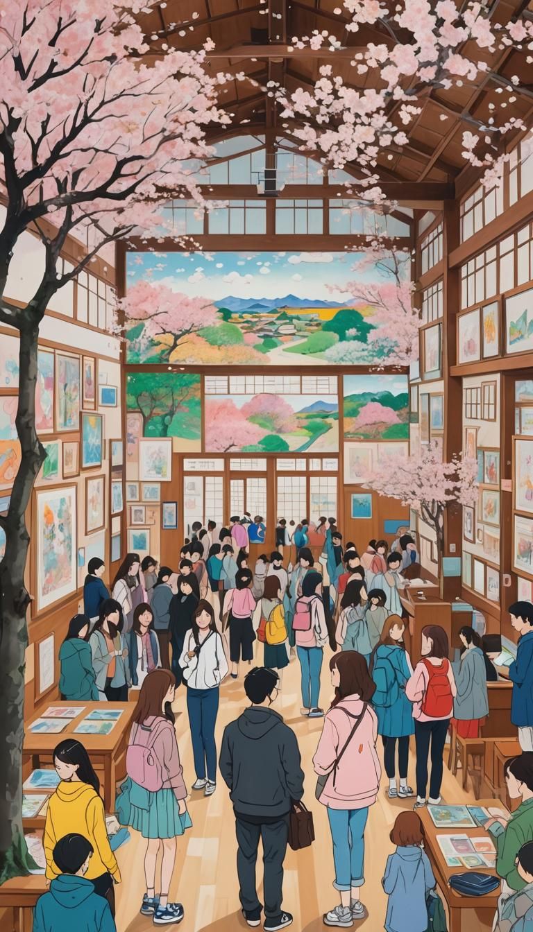 1990s High School Art Exhibition in Naive Illustration Style