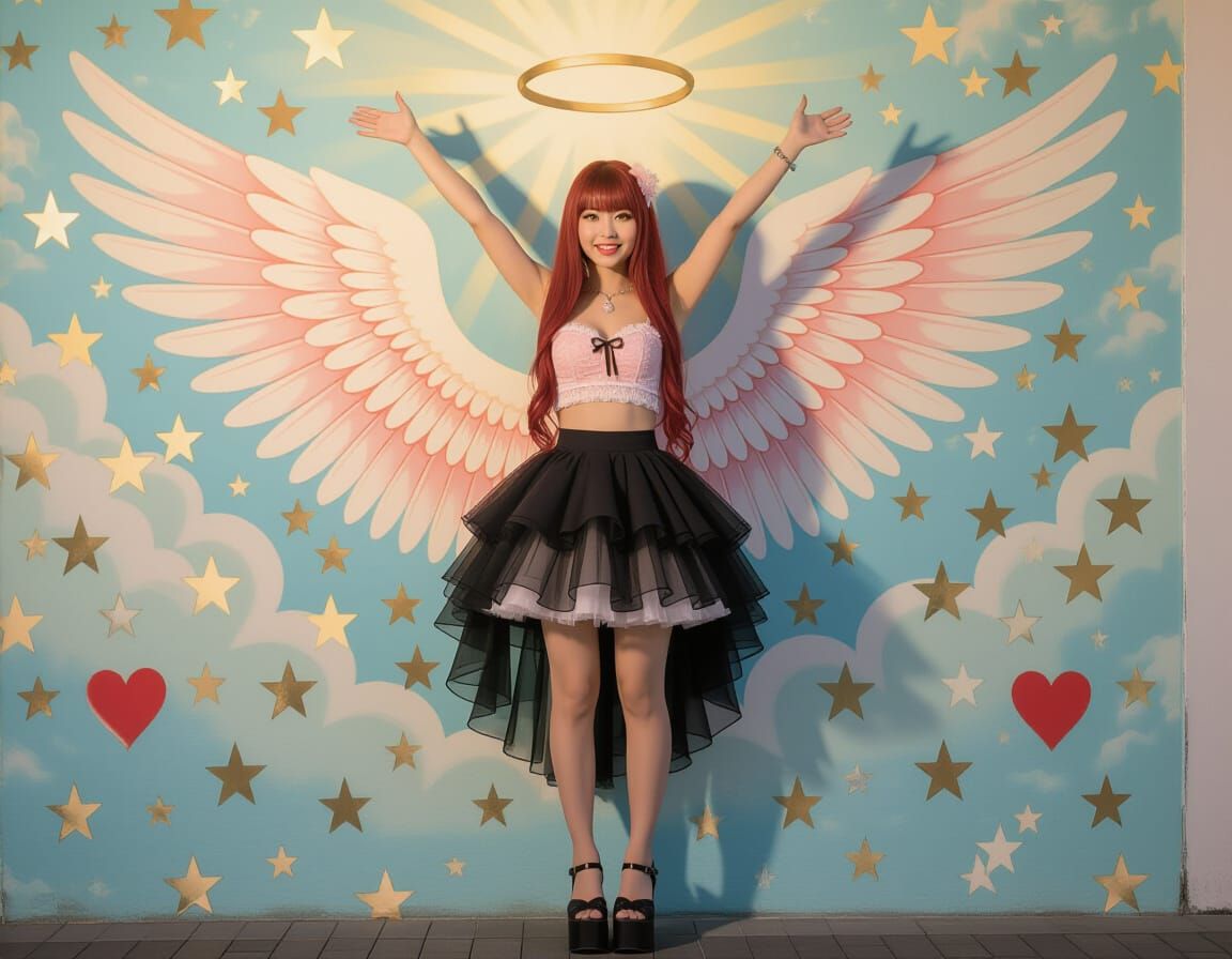 Japanese Woman with Angel Wings Mural in Golden Hour