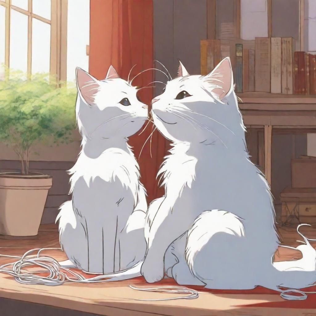 Two cartoon cats are playing with a tangle of threads.