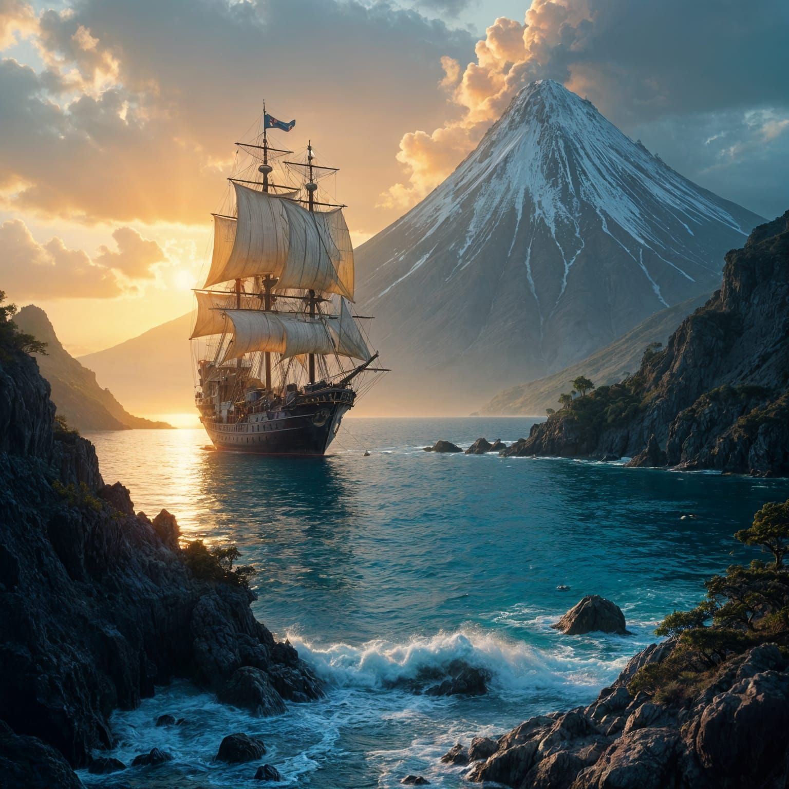 Pirate Ship at Sunset on Volcanic Island