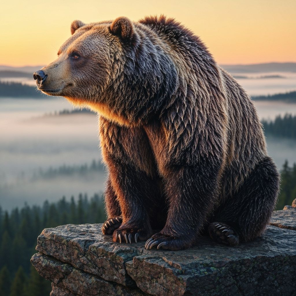 Grizzly Bear Overlooking Misty Valley, Hyperrealistic Wildli...