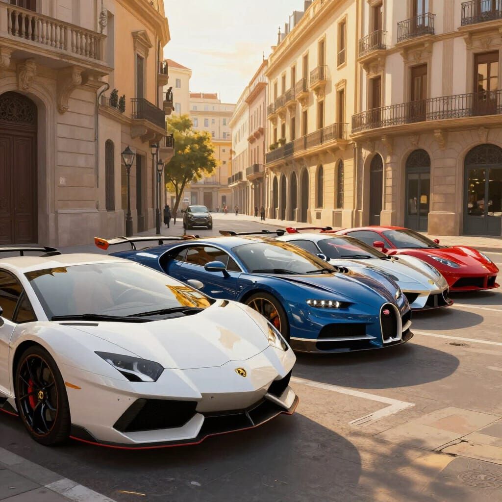 Supercar Lineup on Spanish Street in Hyperrealistic Style