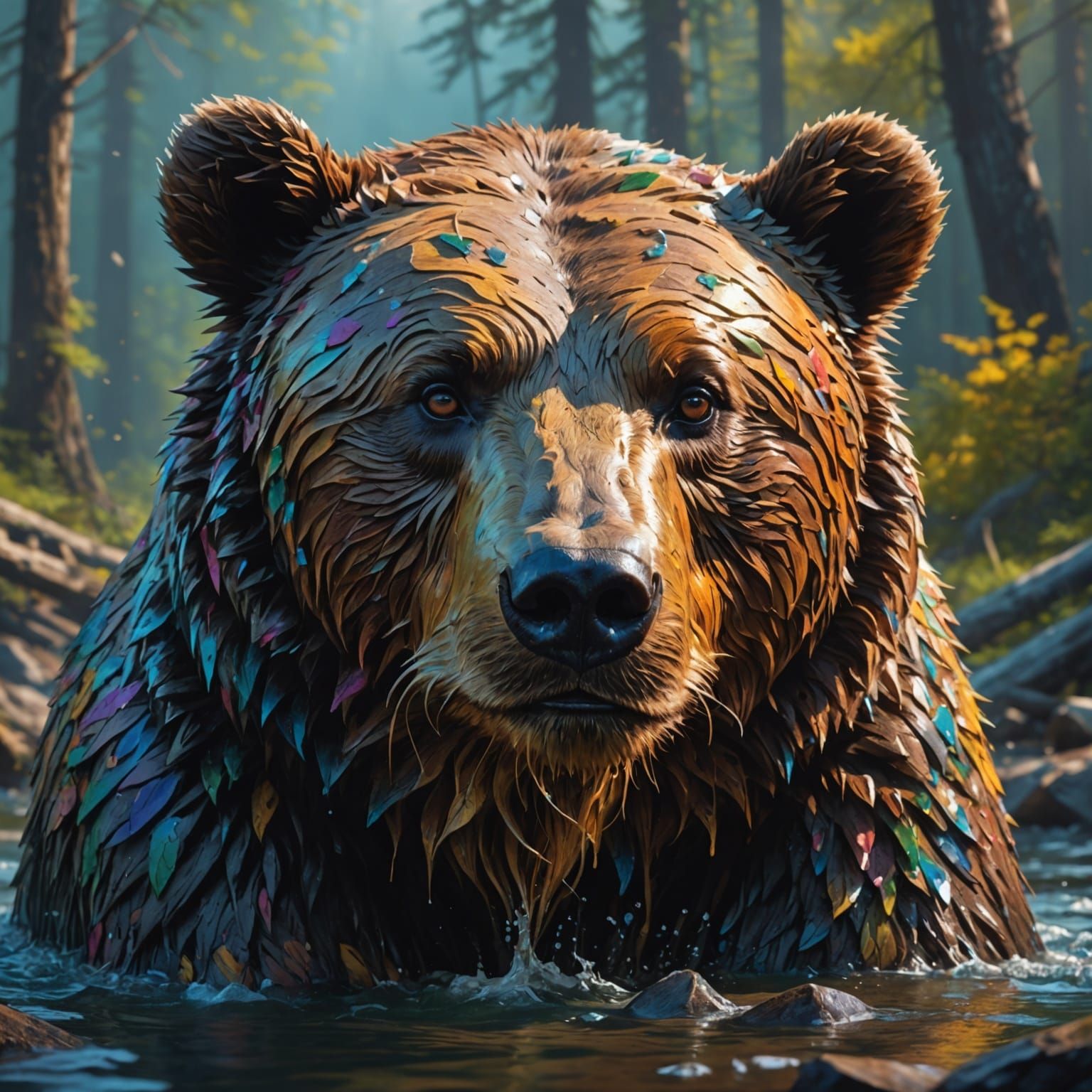 Hyperrealistic Bear Portrait in Colorful Nature