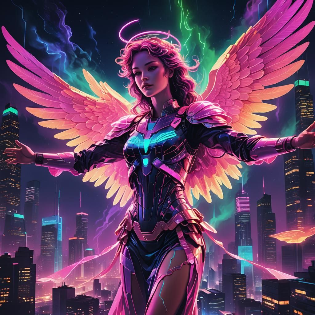Neon Angel Soaring in Retrowave Cityscape