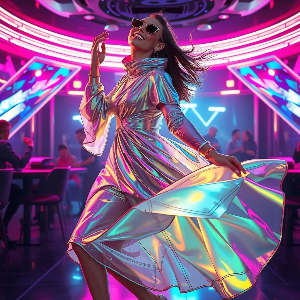 Cyberpunk Woman Dancing in Futuristic Nightclub
