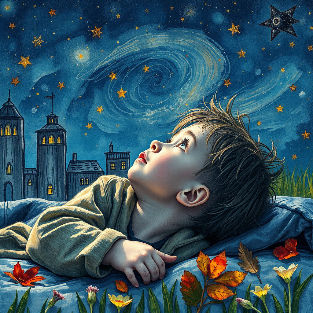 Child's Wonder: Crayon Cityscape Under Starry Sky