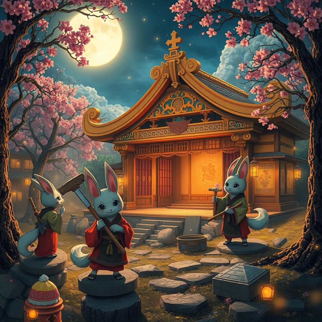Whimsical Kitsune Shakespeare Theater in Moonlit Forest