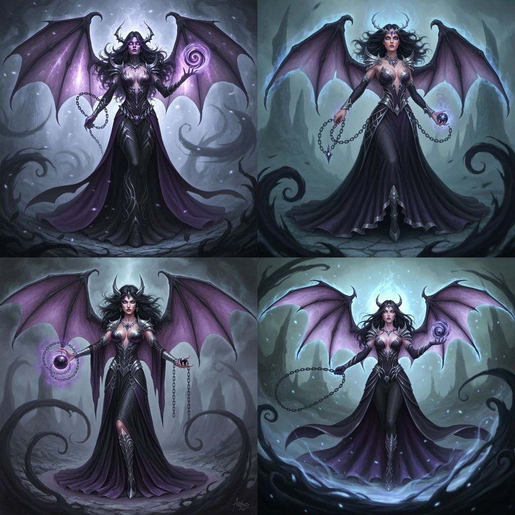 Enigmatic Sorceress with Bat Wings and Dark Magic