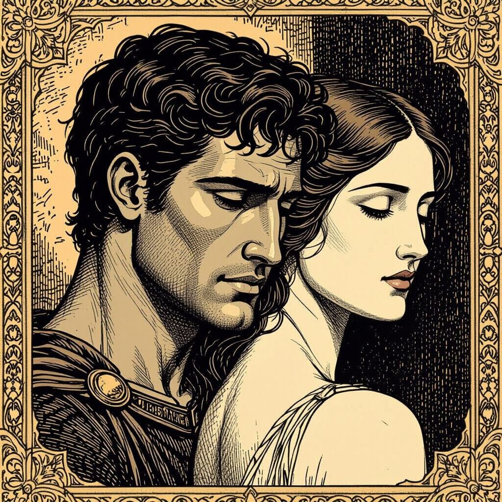 Mythical Couple Hand-Drawn Illustration with Chiaroscuro Lig...