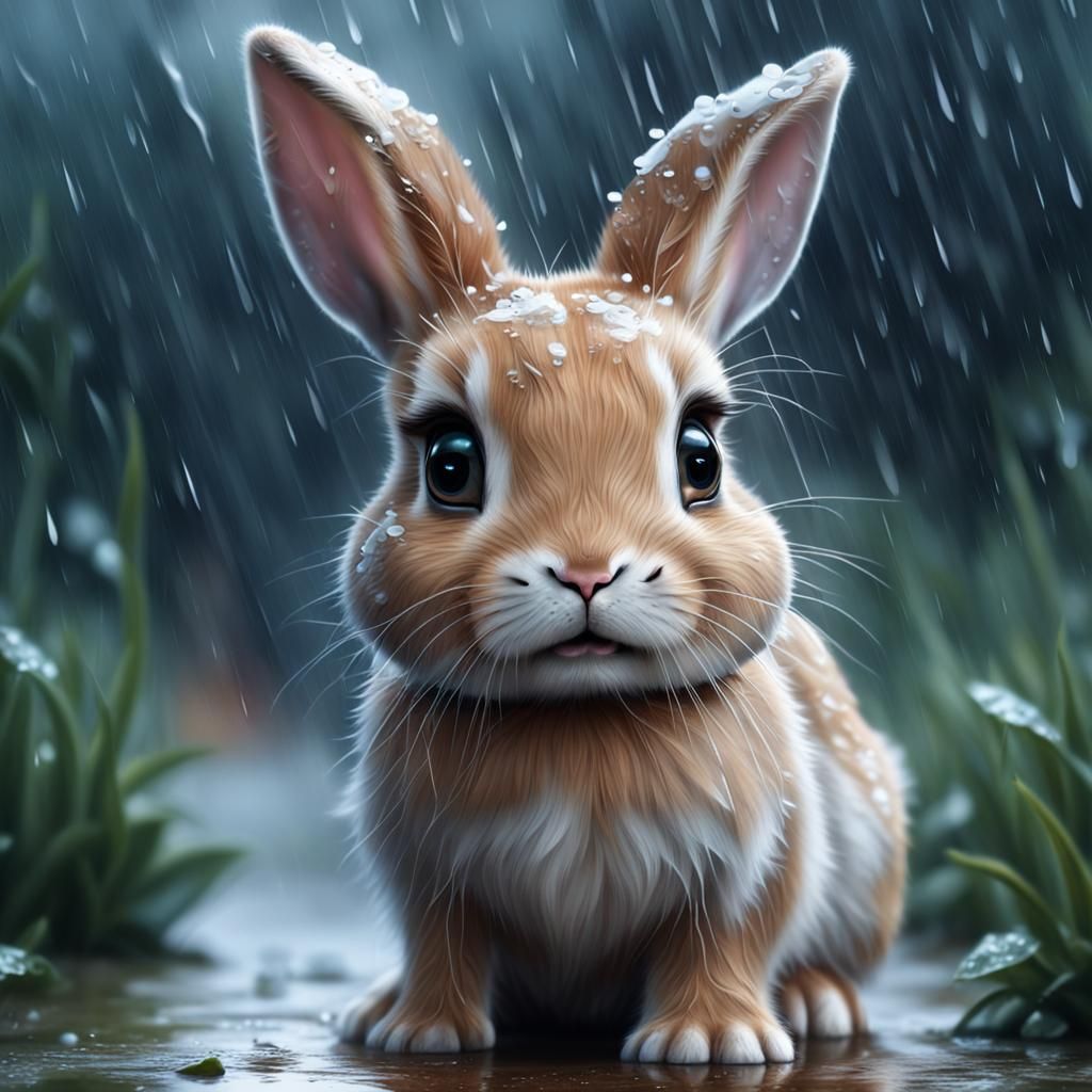 Adorable Sad Bunny in the Rain: Digital Masterpiece