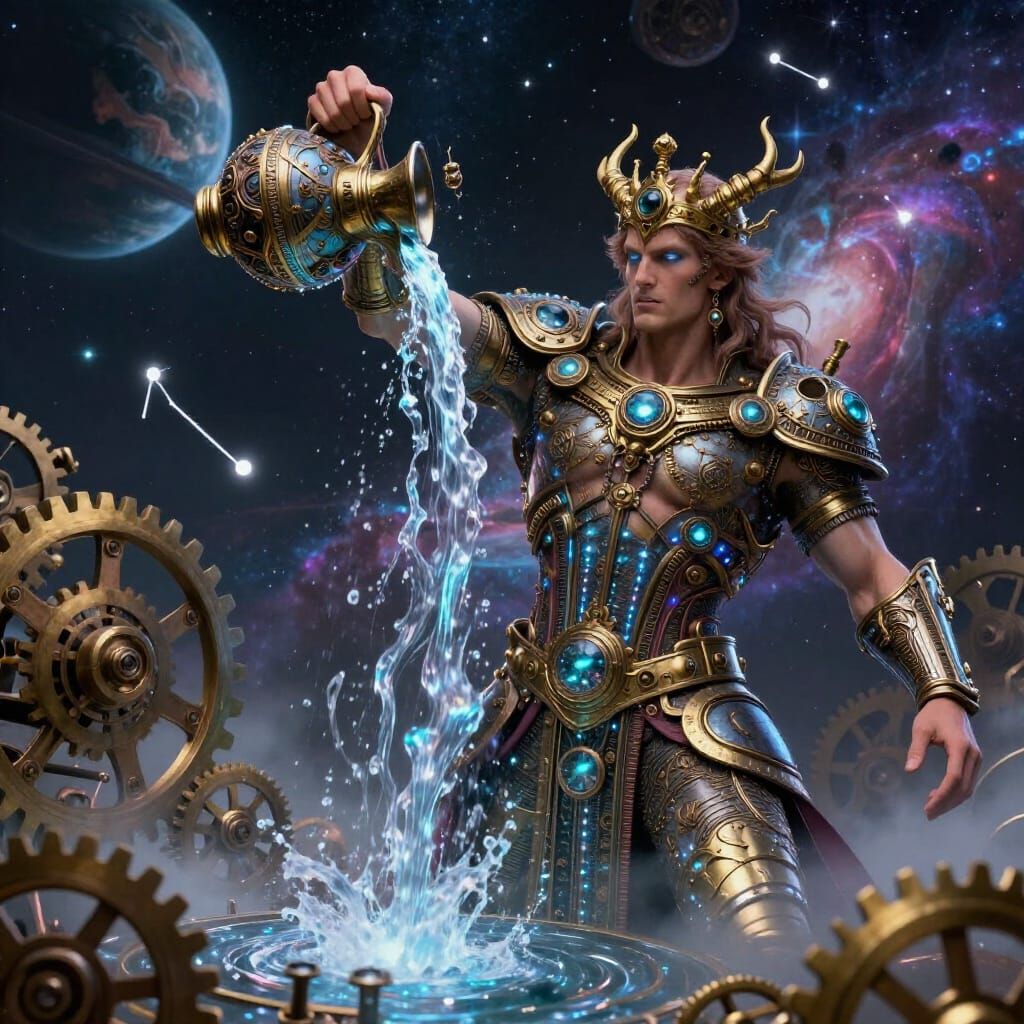 Aquarius Demigod Pours Celestial River in Steampunk Cosmic S...