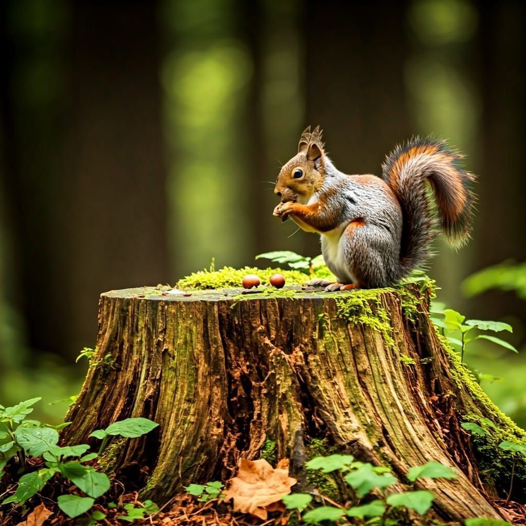Squirrel and Acorn in Forest, Cinematic Film Style