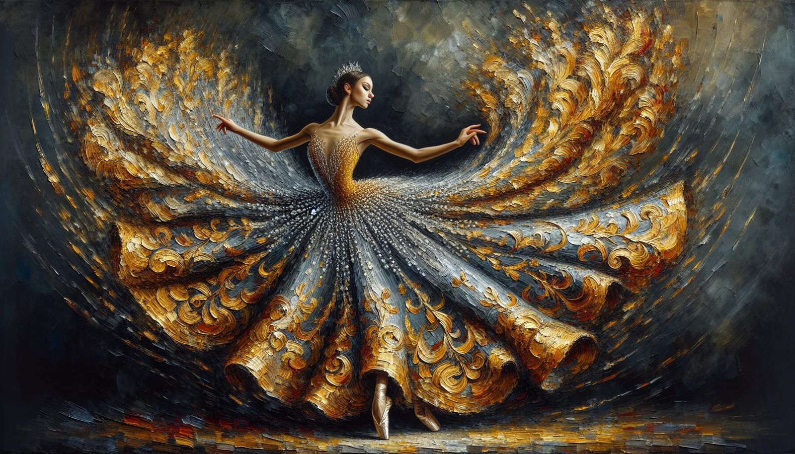 Ballerina in Gold Dress as Impasto Painting