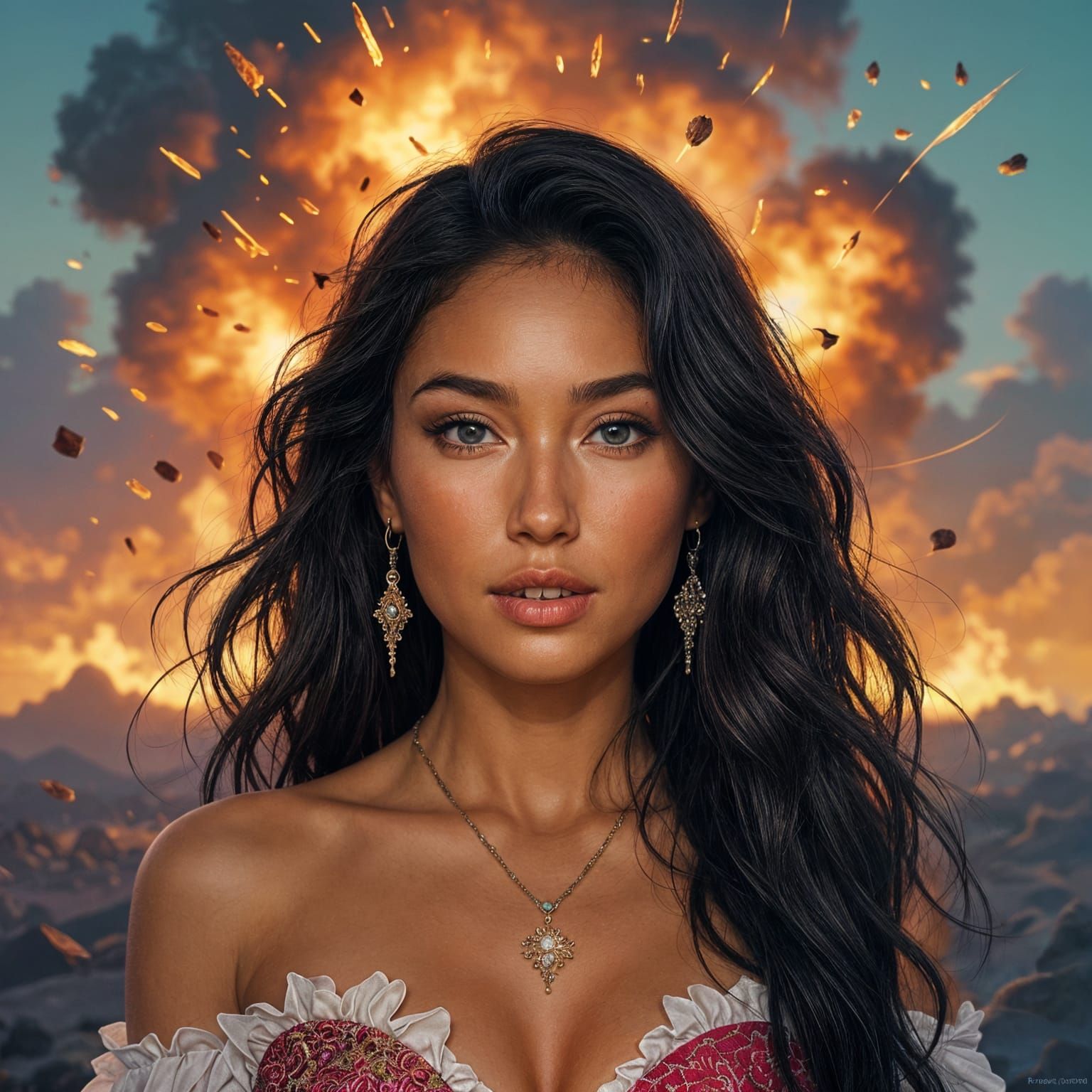Ethereal Polynesian Goddess Amidst Volcanic Comic Explosion