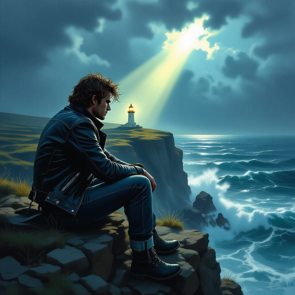 Greaser on Cliff Overlooking Stormy Sea: Classic Style